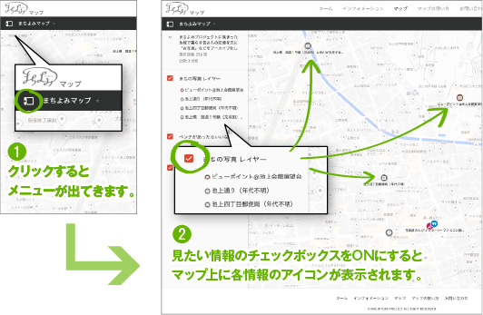 1.クリックするとメニューが出てきます。2．見たい情報のチェックボックスをONにするとマップ上に各情報のアイコンが表示されます。